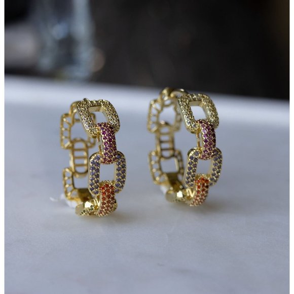 Diamond Pave Chain Link Hoop Earrings, Pave Cuban Link Hoop Earrings - Picture 3 of 5